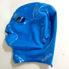 Blue Latex Gummi Hood Rubber Mask Zipper Fetish BDSM Party Catsuit ClubWear US