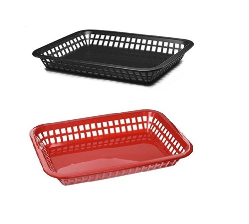 6 cestas rectangulares de comida rápida (negras o rojas), hamburguesas, papas fritas