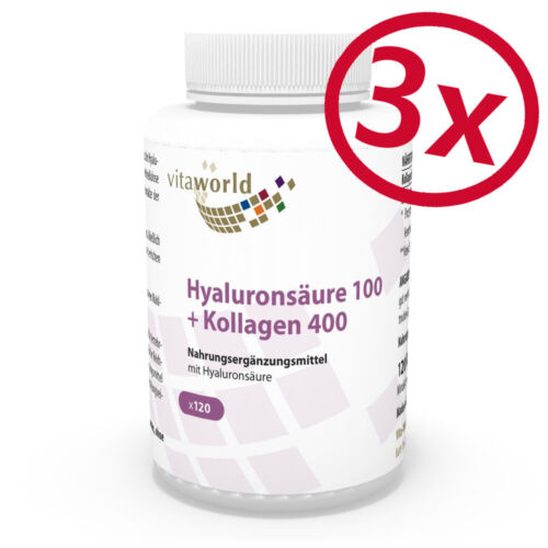 Vita World 3er Pack Hyaluron Säure 100 + Kollagen 400 3 x 120 V-Kapseln Wellness - Picture 1 of 3