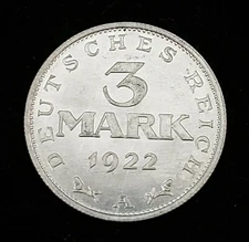Germany 1922-A 3 Mark Coin Weimar Republic KM#29 Uncirculated