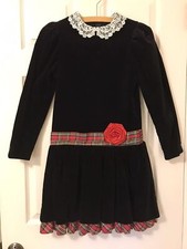 Vtg Bryan Christmas Holiday Dress Black Velvet Tartan Plaid Lace Girls Sz 12 USA