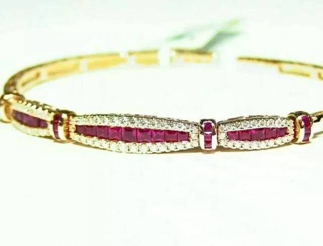 Round Cut Lab Created 8Ct Ruby/Diamond 14K Yellow Gold Plated Cuff Bangle 7.5" - Image 3 of 4