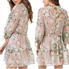 Princess Polly Boho Eden Bloom Tiered Mini Dress Floral Sheer Ruffle Tan Green 6