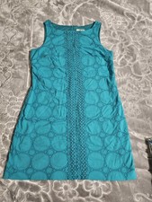Eliza J Teal Eyelet Lace Shift Dress - Size 12 - Sleeveless Geometric Lace