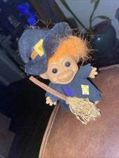 Vtg Russ 6" Halloween Witch Troll Doll with Orange Hair and Holding Broom