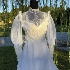 Vintage 1970s Ivory Wedding Dress High Neck Pearl Lace Bishop Sleeve Train YKK