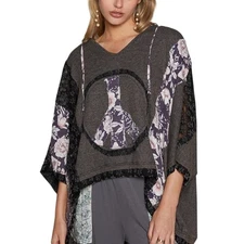 POL Patchwork Top Shabby Chic Boho Hoodie Oversized Gray Black Floral Peace M