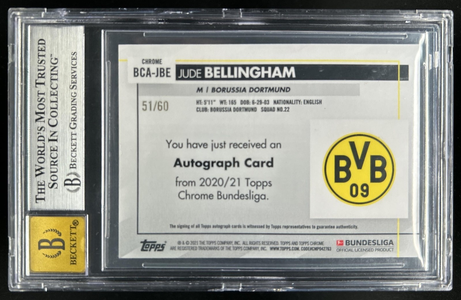 2020-21 Topps Chrome UEFA Jude Bellingham Auto RC Gold #/60 Dortmund BGS 8 view 2