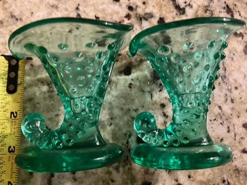 Vintage Fenton Emerald Green Hobnail Glass Cornucopia Candlestick Holder lot of2