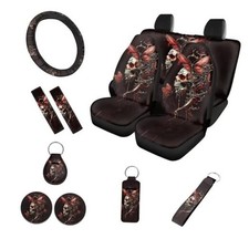 12 Pcs Automotive Seat Cover for Car Front Back Red Skull Butterfly Art Design