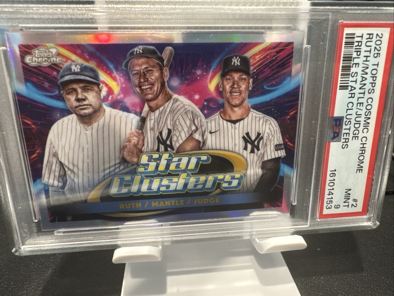 2025 Topps Cosmic Chrome Triple Star Clusters Babe Ruth Mickey Mantle Aaron PSA9 view 3