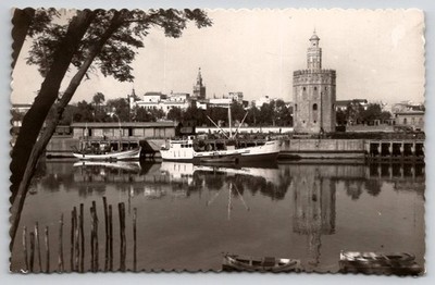 RPPC Seville Spain Torre del Oro River Guadalquivir 1950s Postcard