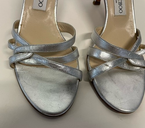 Jimmy Choo Silver Metallic Leather Strappy Kitten Heels Size Sandals Size IT 39 - Picture 3 of 16