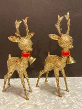 PAIR VINTAGE GOLD GLITTER LONG LEG 6” DEER BUCK w/ BELLS VELVET COLLARS KITSCHY