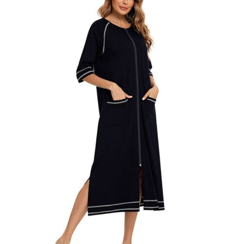 (Black L)Half Sleeve Nightgown Stylish Pregnant Woman Loose Casual Pocket RMM - Afbeelding 1 van 7