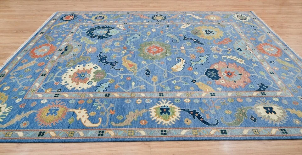 Alfombra azul Oushak 9x12 alfombra contemporánea para sala de estar hecha a mano color azul viejo Foto 4 de 4
