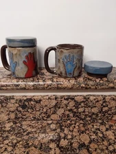 Rare ~ Mara-Stoneware Mug's With Lid's - Costom set of 2- hand made By Mara ~New