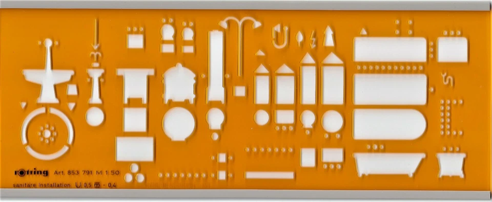 ZEICHEN SCHABLONE ROTRING 853 791 SANITÄRE INSTALLATION M 1:50 ROTRING 853791 !!