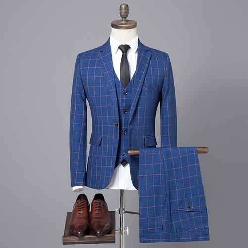 Blue Plaid Men Suit Vintage Check Retro Party Prom Groom Tuxedo Wedding 3 Piece - Picture 10 of 10