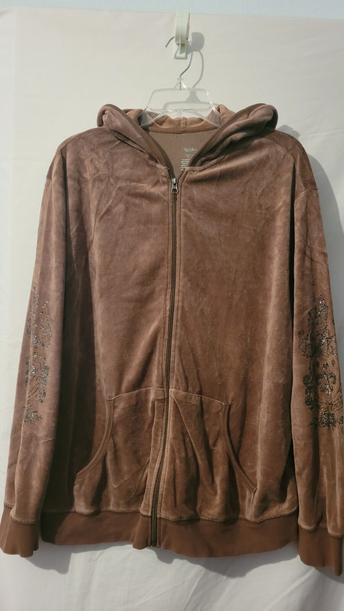 MOSSIMO 28W/30W BROWN VELOUR FULL ZIP HOODIE GRAPHIC details on sleeves A+  | eBay