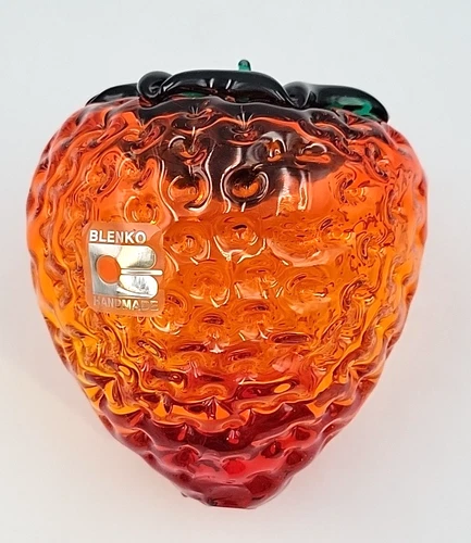 New ListingBlenko Glass 9350 Strawberry Paperweight/Decor in Tangerine w/Emerald Top