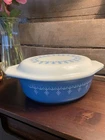 PYREX Snowflake Garland Blue White Oval Glass Casserole 1.5qt Vintage 1960s