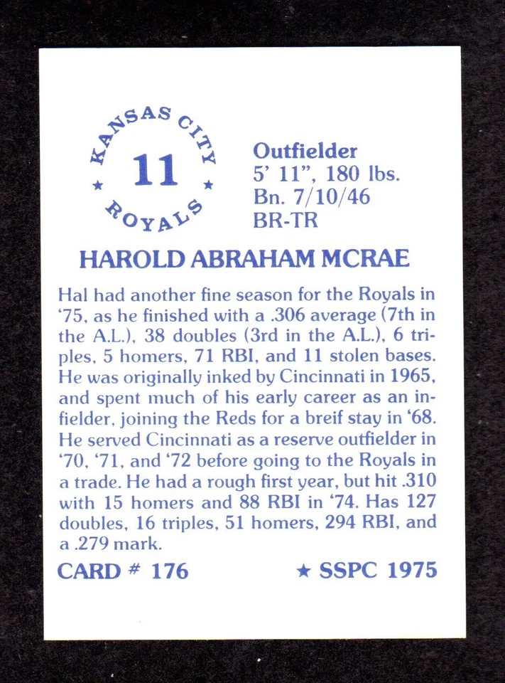 1975 SSPC #176 Hal McRae Kansas City Royals Baseball Card NM+ - Image 2 of 2