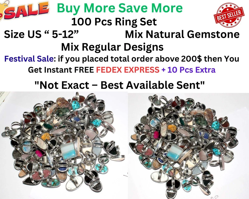 100 Pcs Ring Mix 925 Silver Plated Natural Gemstones Mix Designs Us 5-12 Size a6