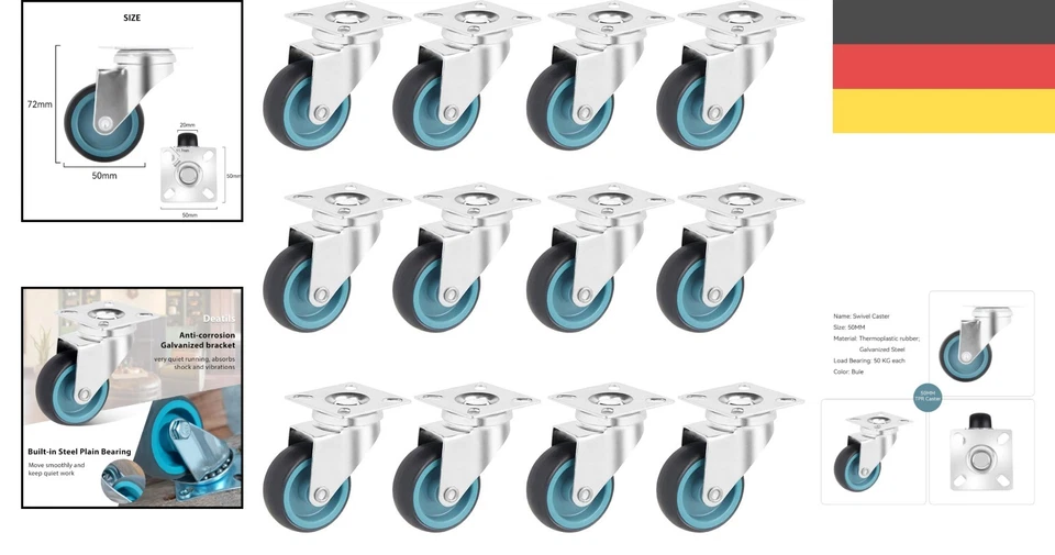 Schwenkrollen 50mm - 12 Stück mit 50kg Tragfähigkeit für vielseitige Nutzung - Bild 2 von 4