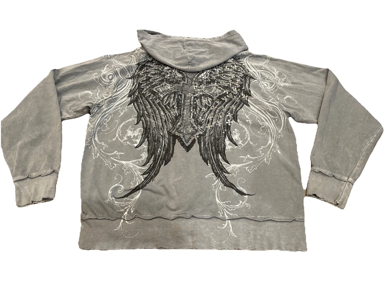 Vintage Y2K Affliction AOP Thermal Hoodie Cross Angel Wings Cyber Grunge XL Gray
Opens in a new wind