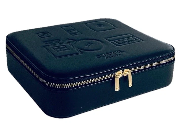 CHANEL Black Leather (pu) Embossed 3 Compartment Vanity Jewelry Cosmetic Case