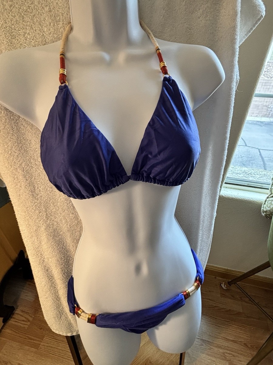 VIX Blue Triangle Bikini with Gold Tone Hardware and Rope Accents