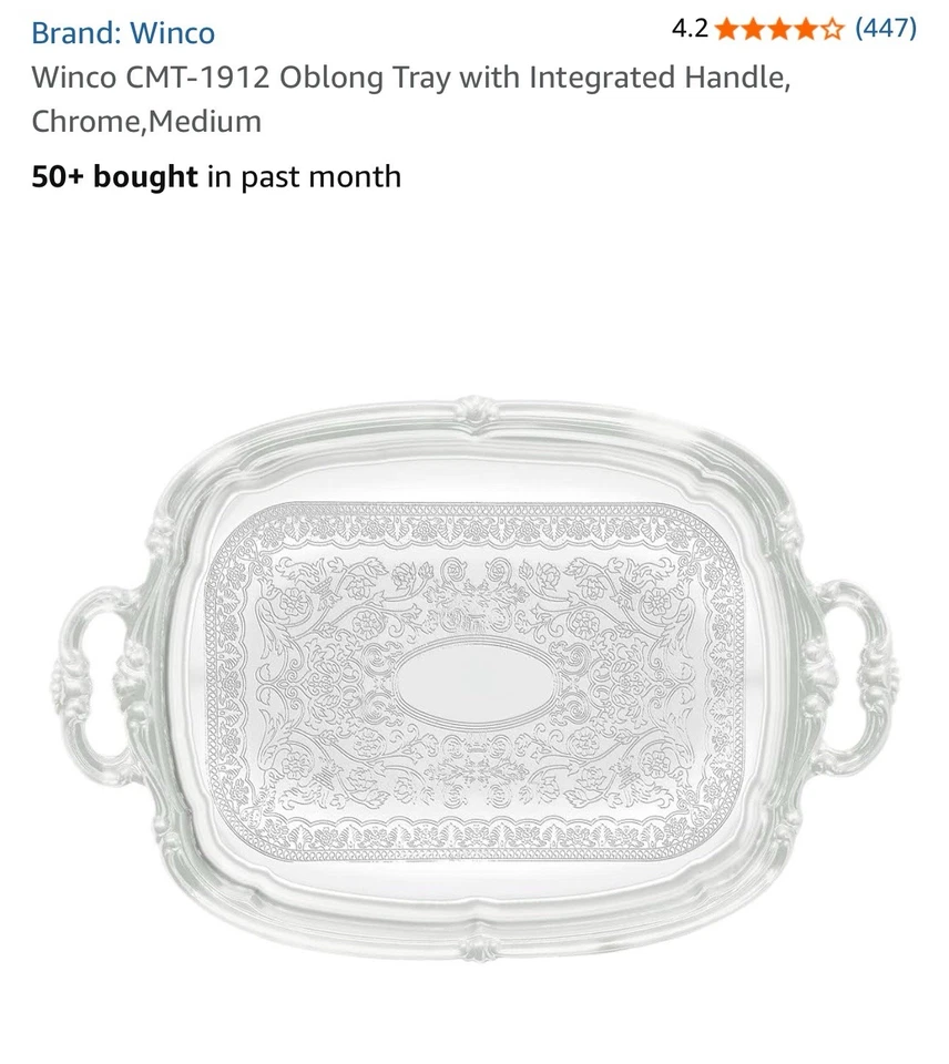 Winco Oblong Tray Chrome Medium CMT-1912 w/ Integrated Handle - Image 3 of 4
