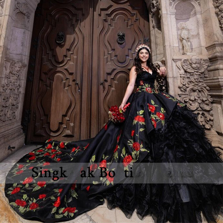 Quinceanera Dresses Red Black 3D Flower Ruffles Princess Prom Ball Gown  Sweet 15