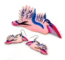 Scarf Ring and Pierced Hook Earrings Hand Painted Pink Storks Wooden Vintage 