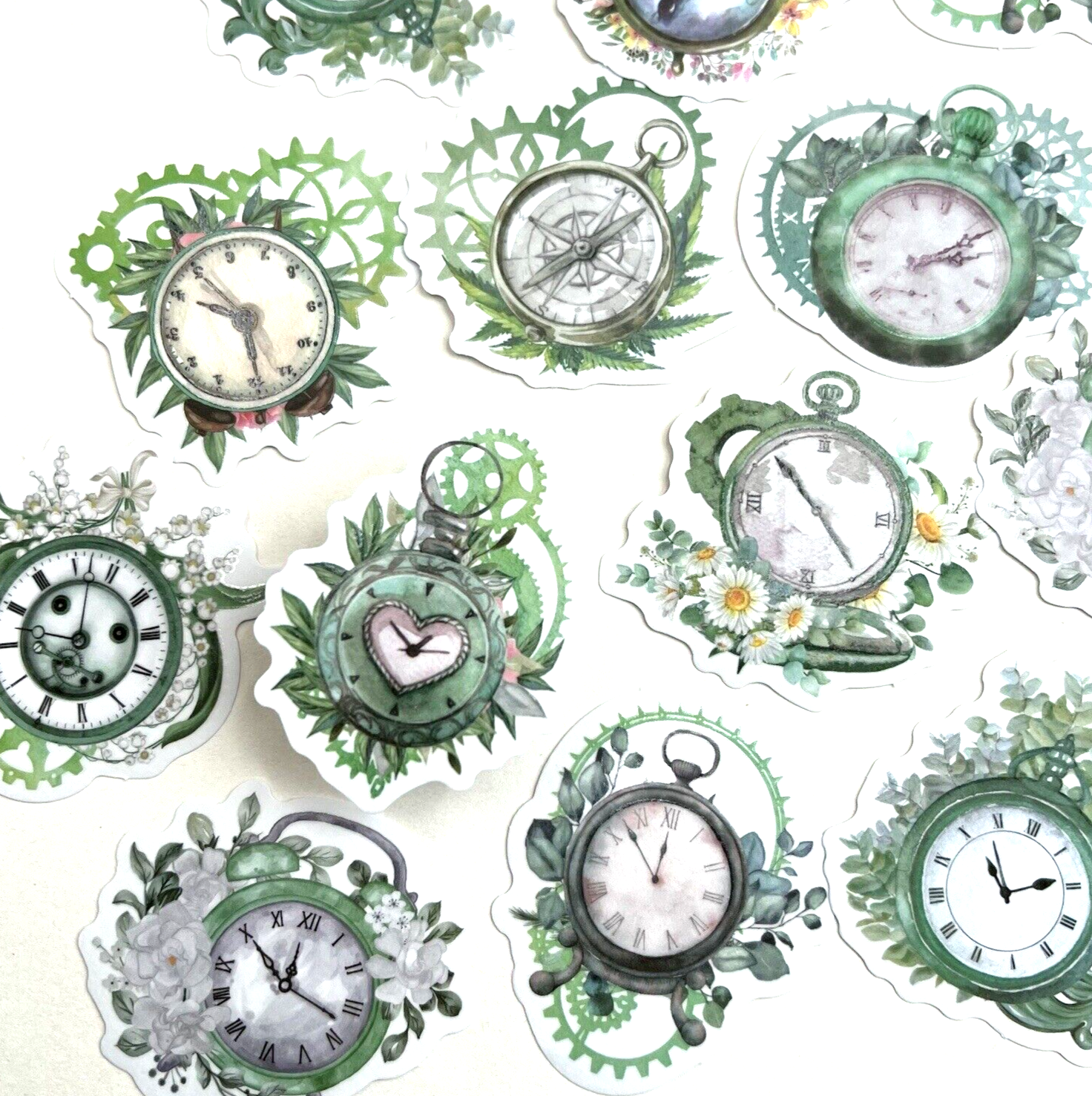 Flower Clock Stickers Green Junk Journal Collage Scrapbooking