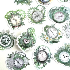 Flower Clock Stickers Green Junk Journal Collage Scrapbooking