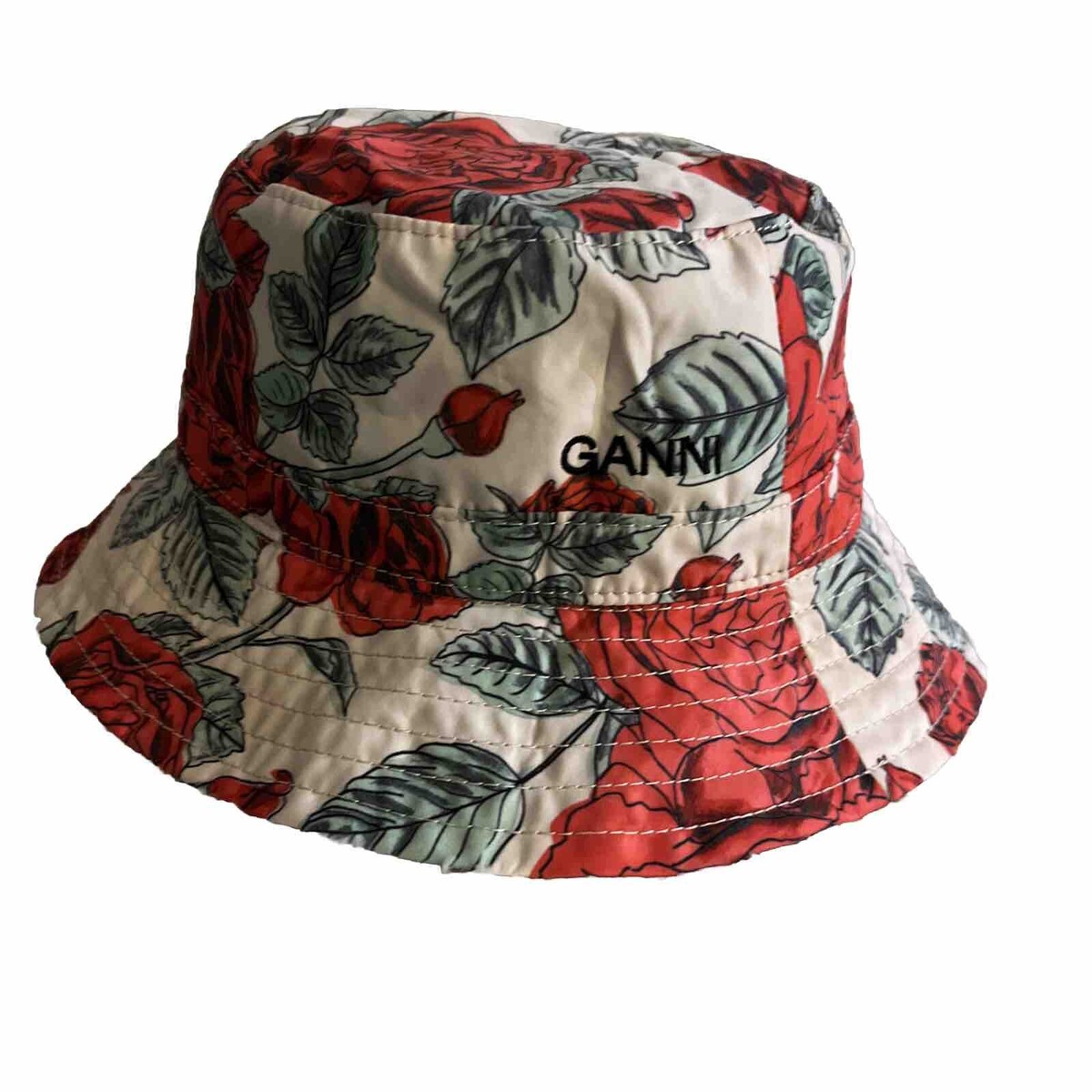 NEW GANNI Designer Bucket Hat Red White Black Roses XS Small  display picture 3