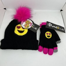 Hat Beanie Knit Sequin Pom Pom Kids Gloves Emoji New With Tags