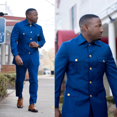 Vintage Blue Men's Suits Safari Jackets Business Wedding Party