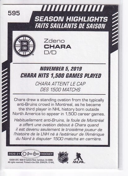 2020-21 O-Pee-Chee Season Highlights #595 Zdeno Chara Boston Bruins 1500 Games - Image 2 of 2