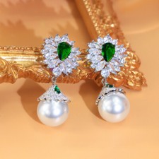 Sparkling Silver Plated Green Pear Cut Cubic Zirconia Long Pearl Dangle Earrings