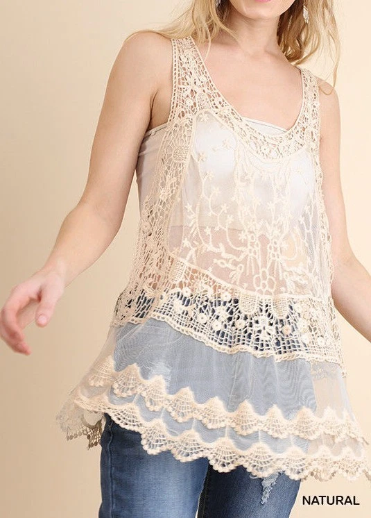 Boutique NWT Umgee Women's Natural Sheer Lace Racerback Tank Top Bohemian