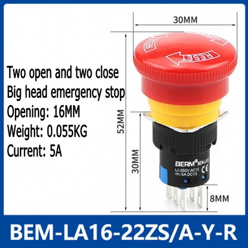LA16 Red Mushroom Cap Emergency Stop Push Button Switch Hole 16mm 3Pin/6Pin 5A - Picture 11 of 14