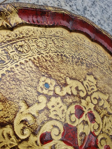 Vassoio Fiorentino Italiano Vintage Decorativo Oro Dorato Vassoio in Legno,... - Foto 5 di 16