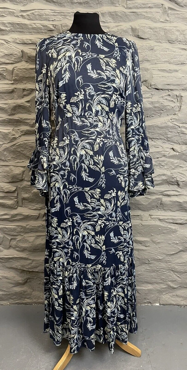 Mint Velvet Floral Print Tiered Long Dress Party Occasion Blue