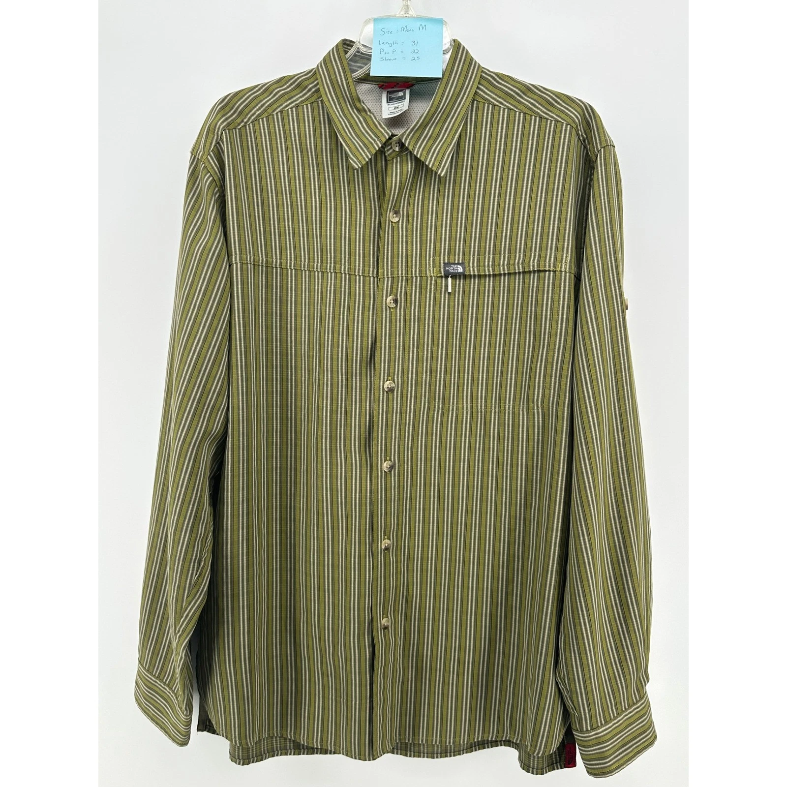 The North Face Mens Medium Olive Green Striped Long Sleeve Hiking Button Down