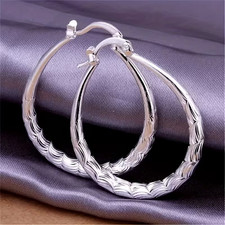 925 Sterling Silver Vintage Pattern Hoop Earrings Large Pierced Fashion Jewelry