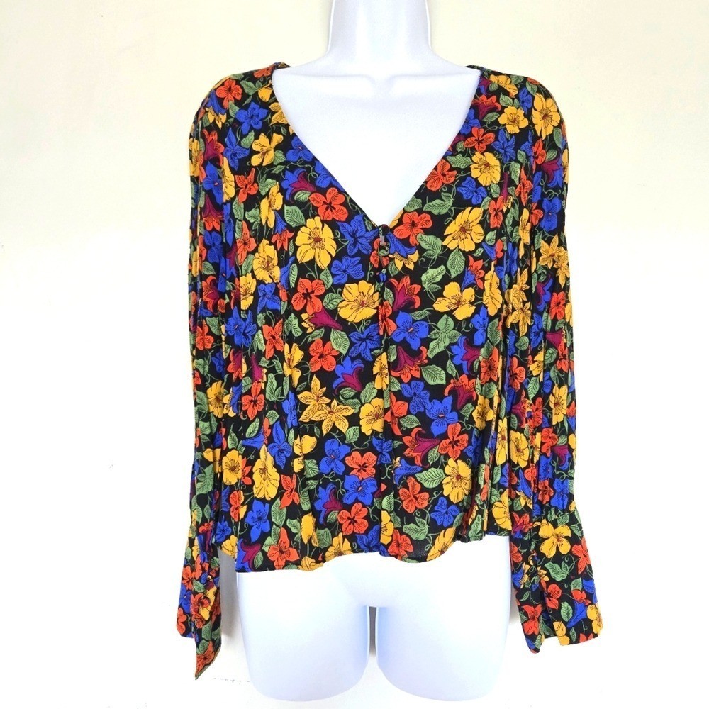 Mango Floral Blouse Top Sz S 90s Inspired Boho Romantic Relaxed Business Casual image 2