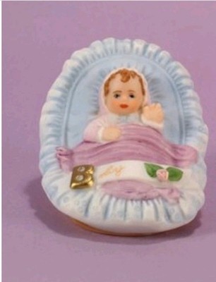 Vintage 1987 Enesco Growing Up Birthday Girl Brunette Baby in Cradle 